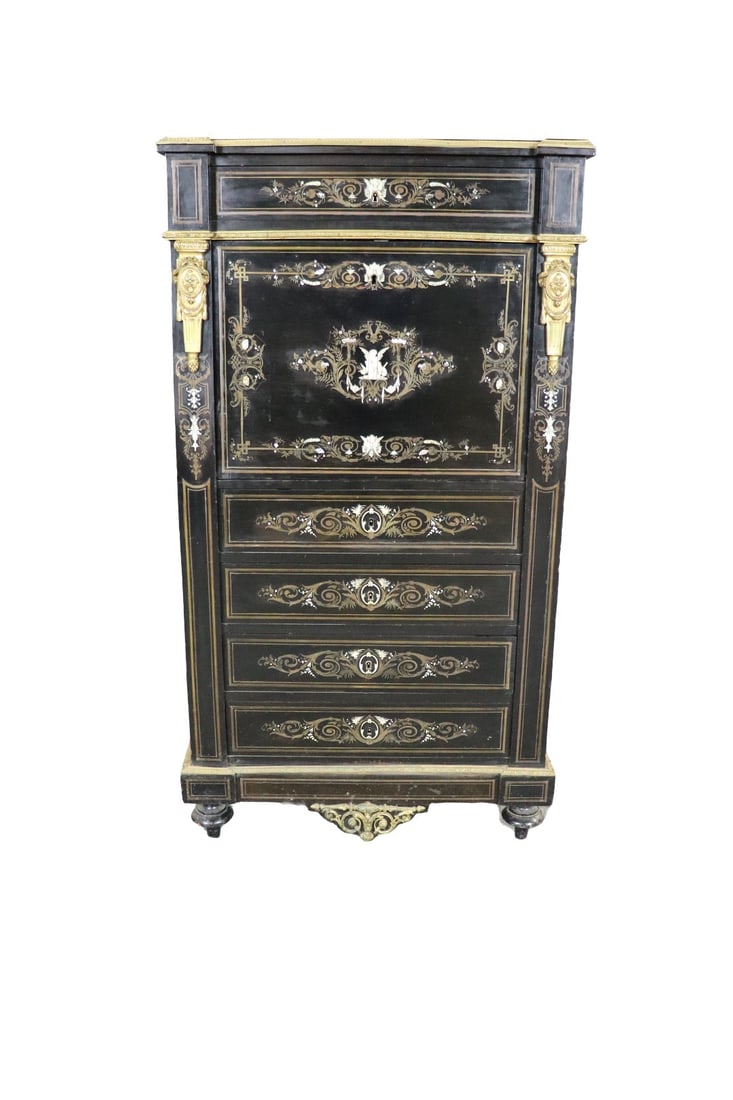EBONIZED WOOD & MOTHER OF PEARL BRONZE MOUNTED MARBLE TOP SECRETARY DESK (1 of 17)