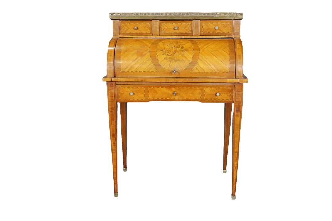 FRENCH EMPIRE SATINWOOD MARBLE TOP CYLINDER DESK (1 of 14)
