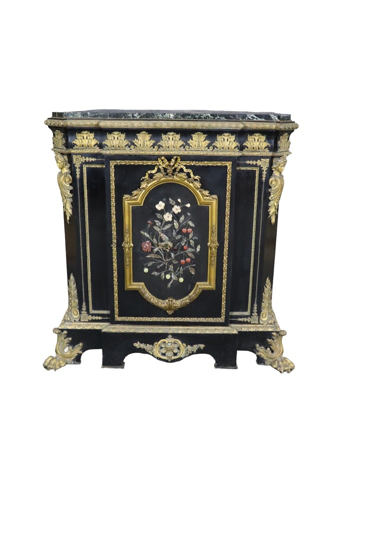 19TH C MARBLE TOP BRONZE MOUNTED INLAID SERVER: Ebonized wood with semi precious stones. Marble top. Bronze mounted. Inlaid. Figural. 1 door containing 2 shelves. 44 3/4" h x 40 1/4" w x16 1/2" d.