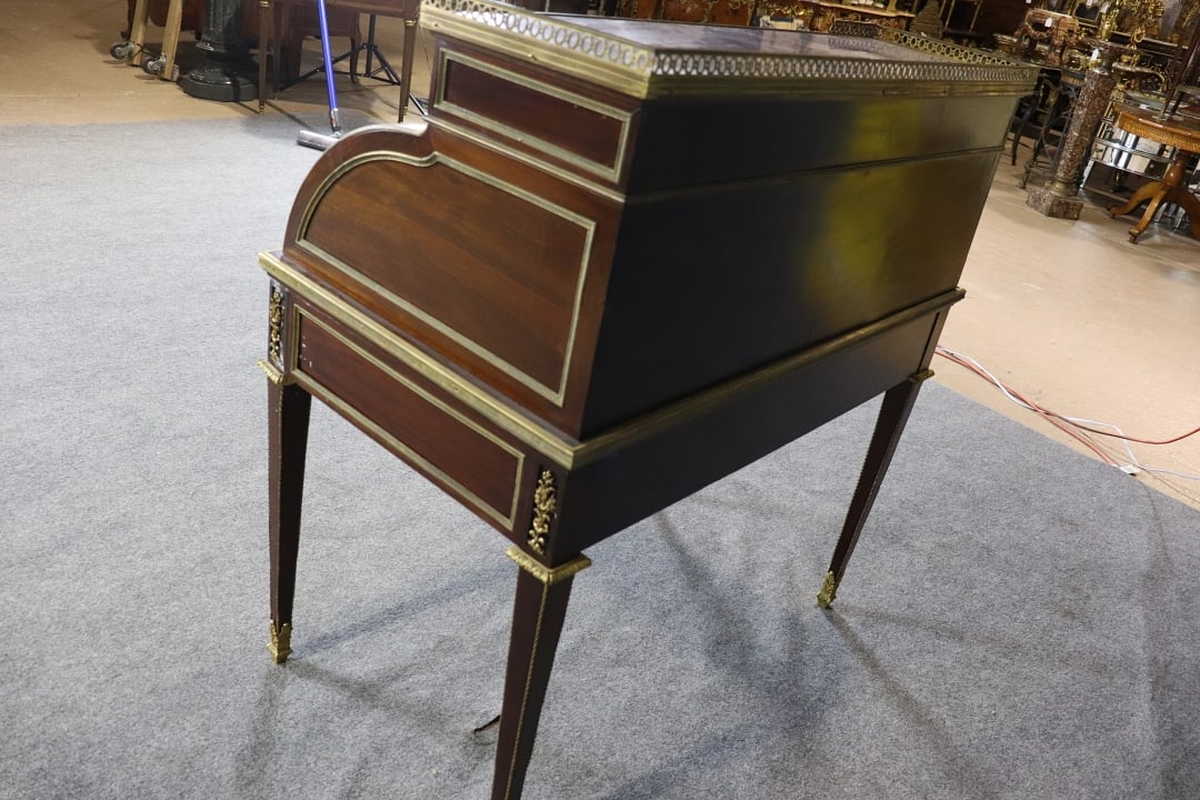 LOUIS XVI STYLE MARBLE TOP SATINWOOD BRONZE MOUNTED ROLL TOP DESK ATTRIBUTED TO LINKE - 10