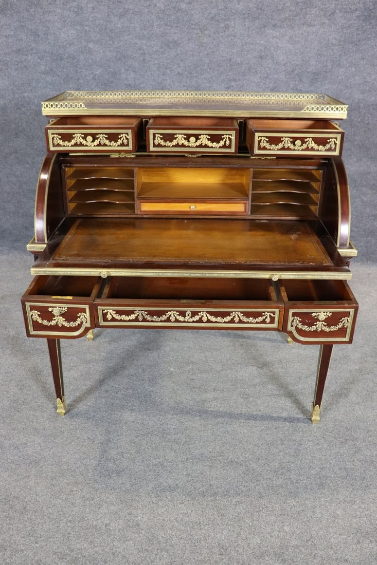 LOUIS XVI STYLE MARBLE TOP SATINWOOD BRONZE MOUNTED ROLL TOP DESK ATTRIBUTED TO LINKE - 3