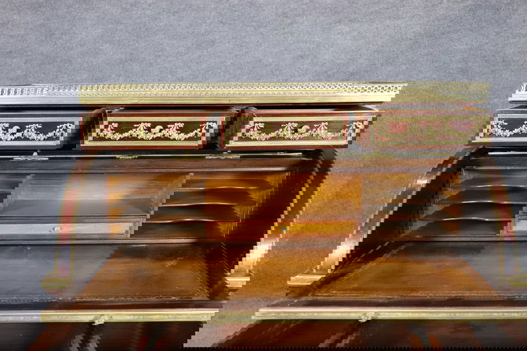 LOUIS XVI STYLE MARBLE TOP SATINWOOD BRONZE MOUNTED ROLL TOP DESK ATTRIBUTED TO LINKE - 4