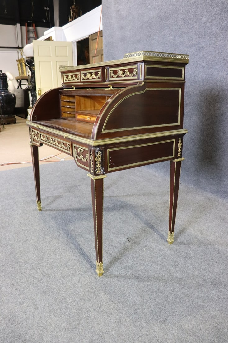 LOUIS XVI STYLE MARBLE TOP SATINWOOD BRONZE MOUNTED ROLL TOP DESK ATTRIBUTED TO LINKE - 8