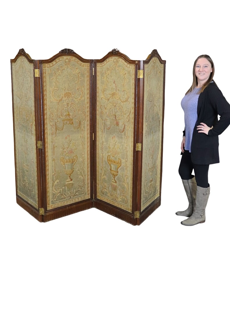 4 PANEL NEEDLEPOINT SCREEN DIVIDER: Needlepoint. Wood. 4 panels. Each panel measures 66 1/4" h x 25 1/2" w x 1" d.