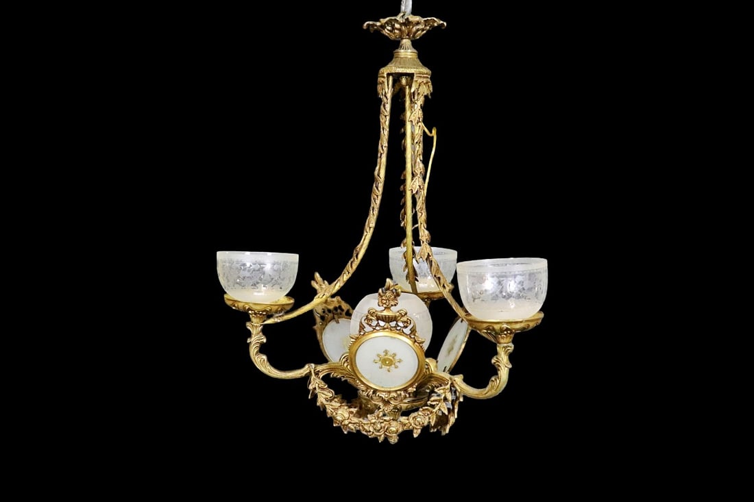 BRONZE 3 ARM CHANDELIER WITH ETCHED SHADES: Bronze. Etched shades. 3 arms. Frosted panels. 36" h x 25" diameter.