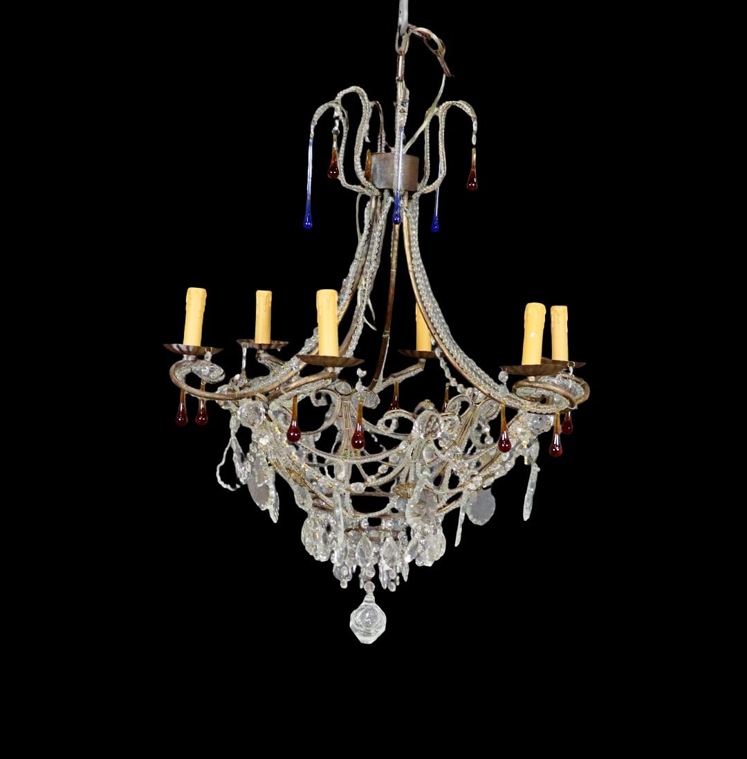 ART NOUVEAU CRYSTAL CHANDELIER: Crystal prisms - clear and colored. Metal frame. 34 1/4" h x 27" diameter.