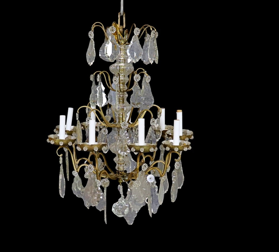 BRONZE & CRYSTAL CHANDELIER: Bronze. Crystal. 9 arms. 30 1/2" h x 24" diameter.