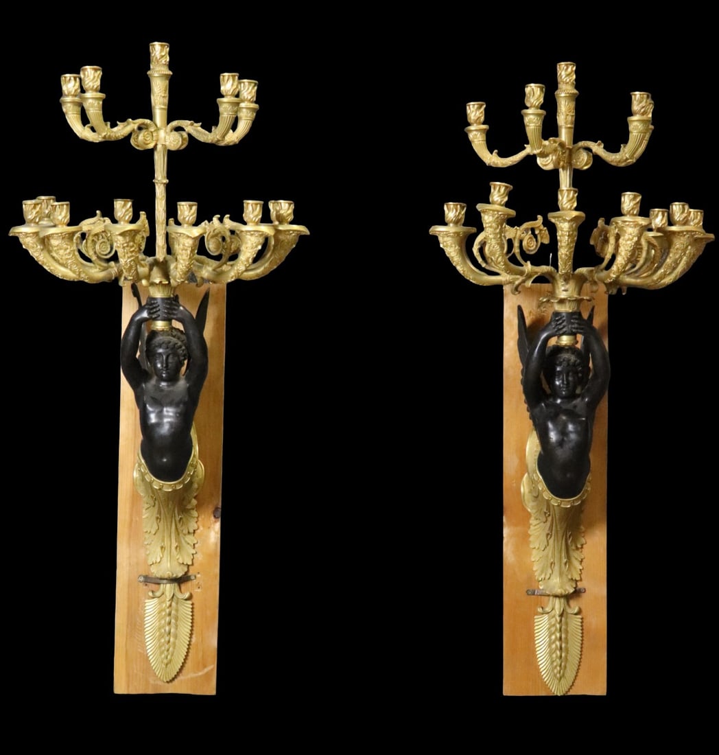 PALATIAL FRENCH EMPIRE STYLE 2 TONED FIGURAL BRONZE WALL SCONCES (1 of 14)