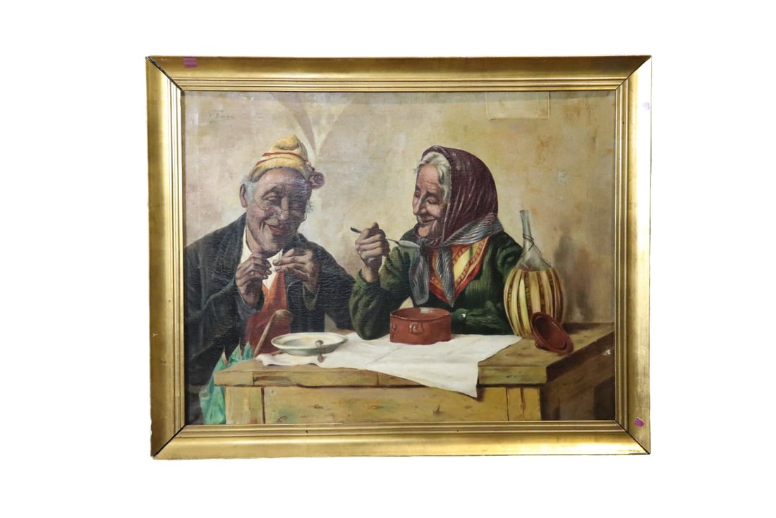 ILLEGIBLY SIGNED OIL PAINTING MAN & WOMAN (1 of 17)