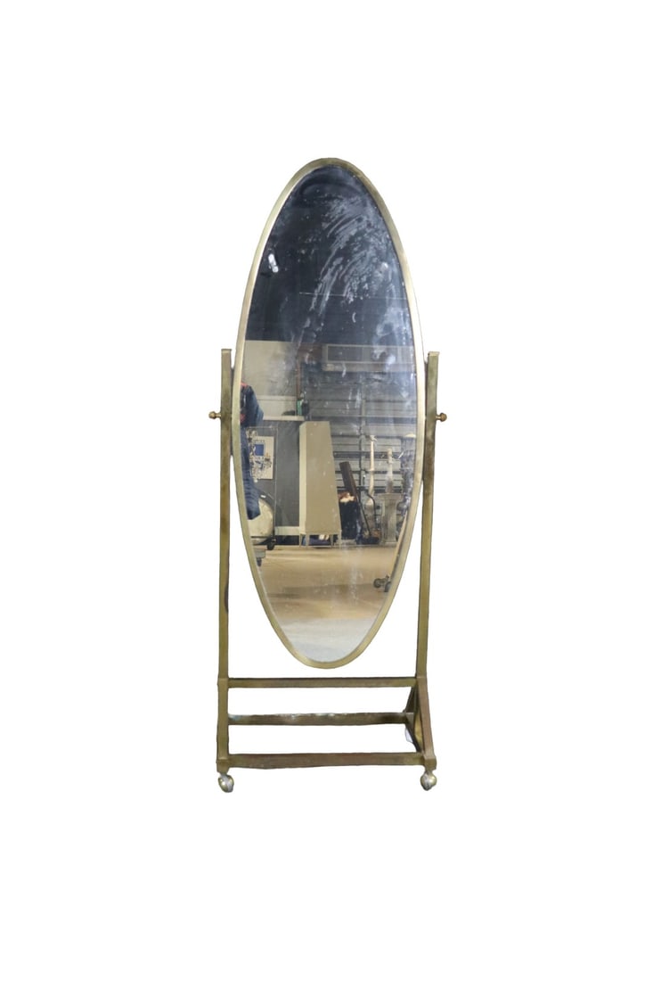 ITALIAN MID CENTURY MODERN BRASS OVAL CHEVAL FLOOR MIRROR (1 of 7)