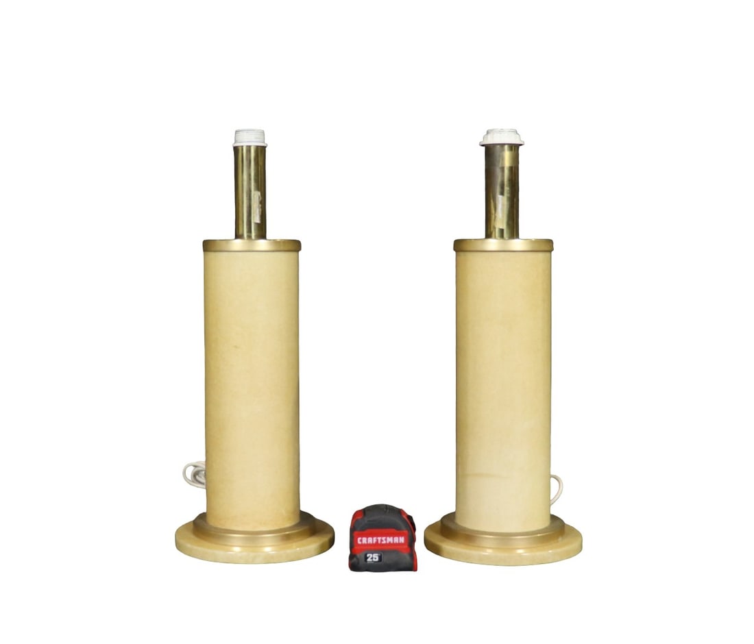 PAIR ITALIAN ALDO TURA GOAT PARCHMENT & BRASS TABLE LAMPS: Brass accents. Goat parchment. 22 1/4" h x 8 1/4" diameter.