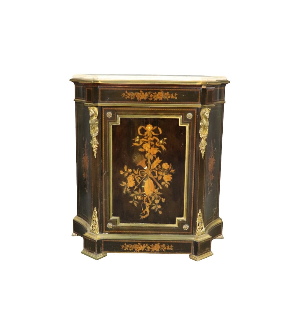 NAPOLEON III STYLE MARQUETRY INLAID MARBLE TOP CABINET (1 of 17)