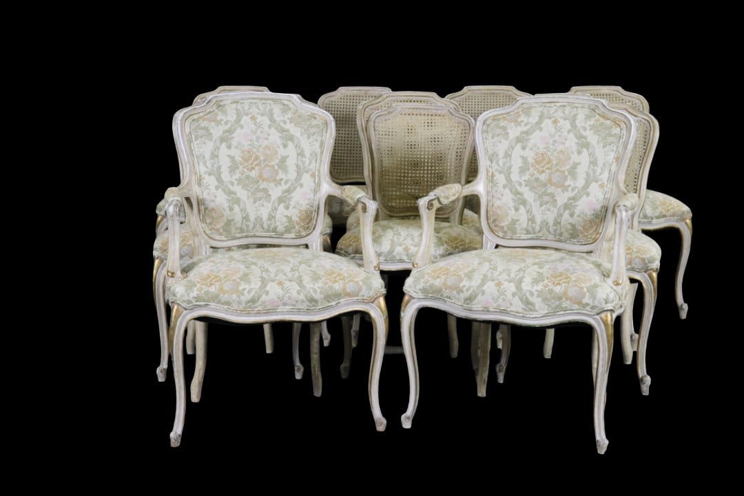 12 LOUIS XV STYLE DISTRESSED PAINTED CANE BACK CHAIRS (1 of 11)
