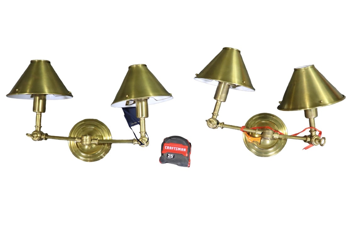 SIGNED PAIR RALPH LAUREN ANETTE BRASS DOUBLE WALL SCONCES: Signed. Brass. Boxed measures 11 1/2" h x 16" w x 13" d.