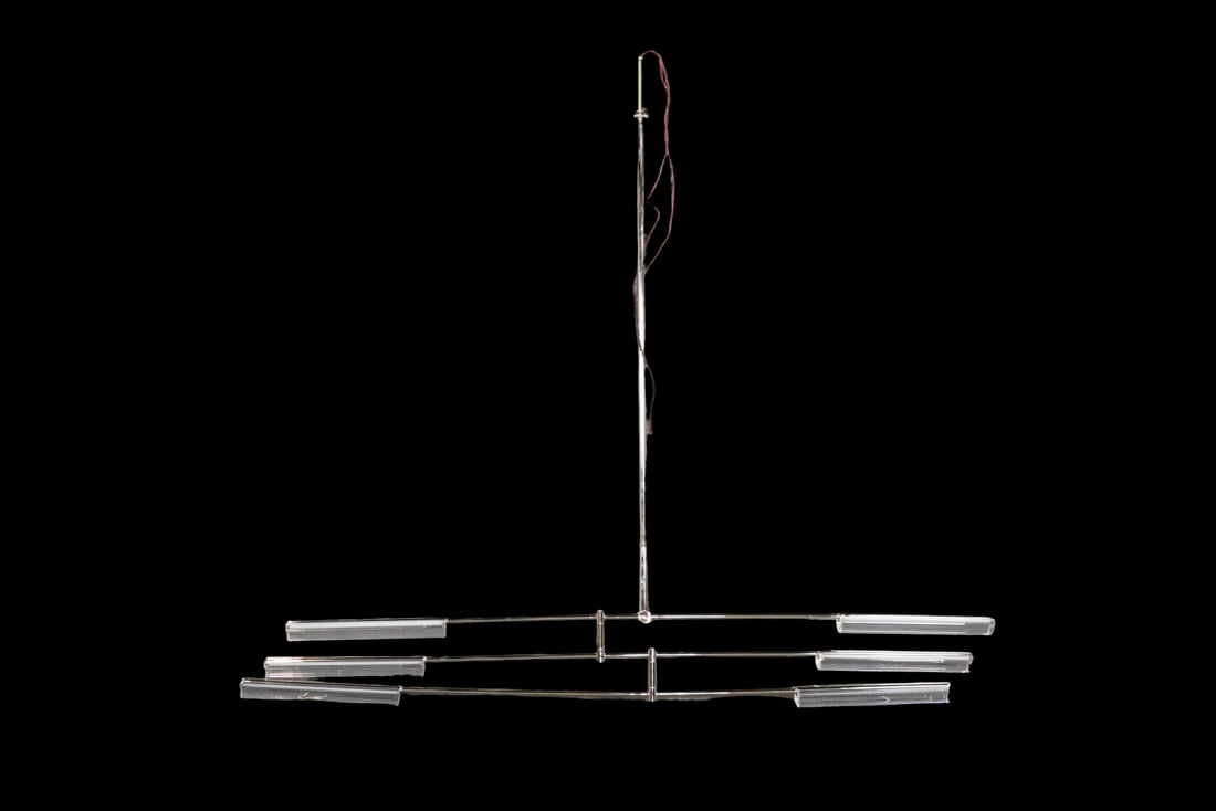 SIGNED RALPH LAUREN POLISHED NICKEL & LUCITE CHANDELIER: Polished nickel. Lucite. 51 1/4" h x 59" w x 3" d.