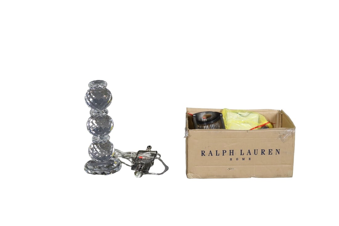 SIGNED RALPH LAUREN RIVINGTON SHIELD SCONCE & SIGNED GLASS TABLE LAMP: Sconce in bronze with ribbed mirror. Boxed measures 9 3/8" h x 19 1/8" w x 11" d.