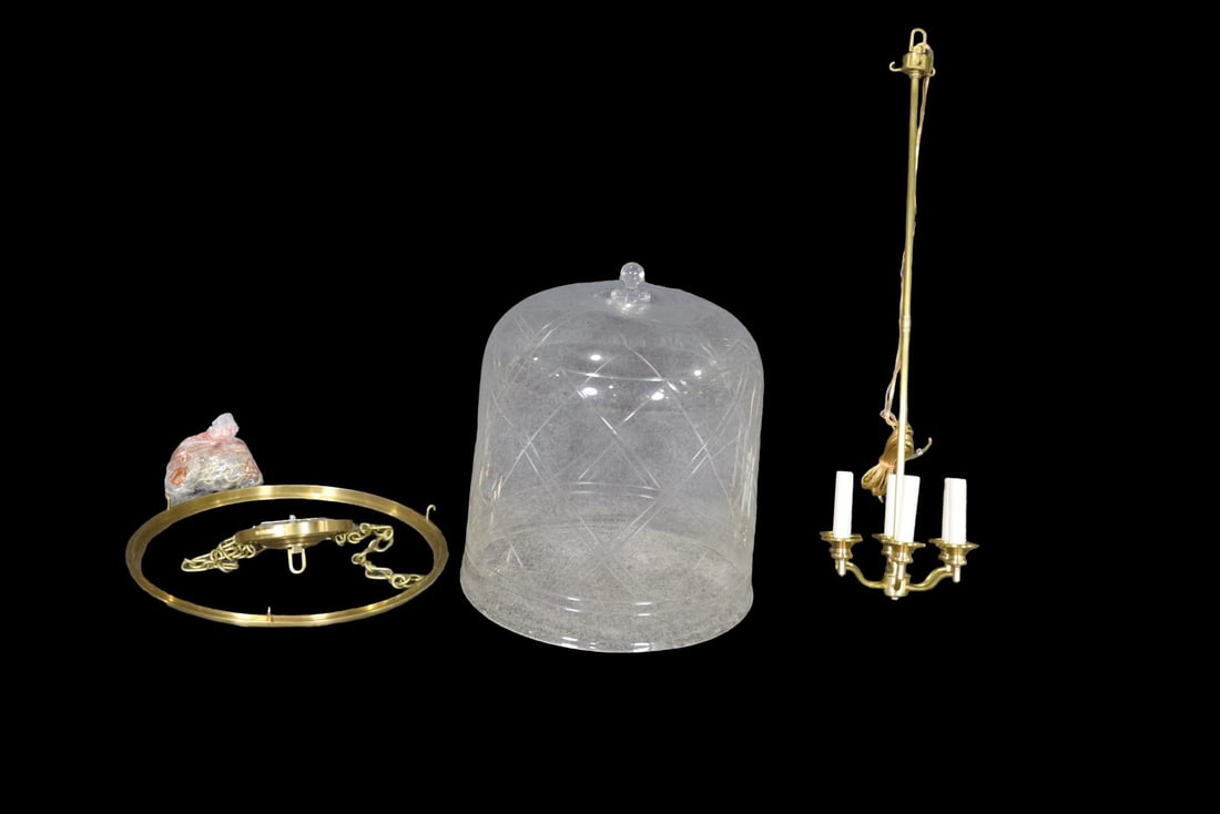SIGNED RALPH LAUREN CAMBRIDGE BELL PENDANT CHANDELIER: Signed. Brass. Glass shade. 6 lights. Boxed measures 16 1/4" h x 25" w x 24 1/4" d.