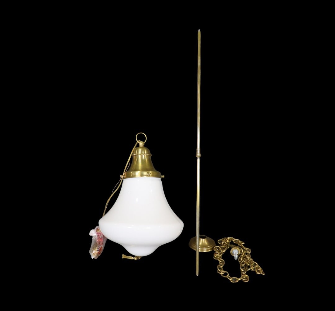SIGNED RALPH LAUREN HOME VISUAL COMFORT XAVIER BRASS PENDANT LIGHT: Signed. Brass. White glass shade. Adjustable. 18 7/8" h x 19 1/2" w x 18 1/2" d.