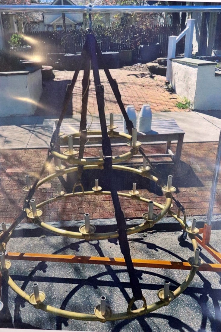 RALPH LAUREN WESTBURY TRIPLE TIER CHANDELIER: Brass. 57" h x 57" w x 57" d. Boxed measures 65 7/8" h x 65 1/2" w x 5 3/4" d.