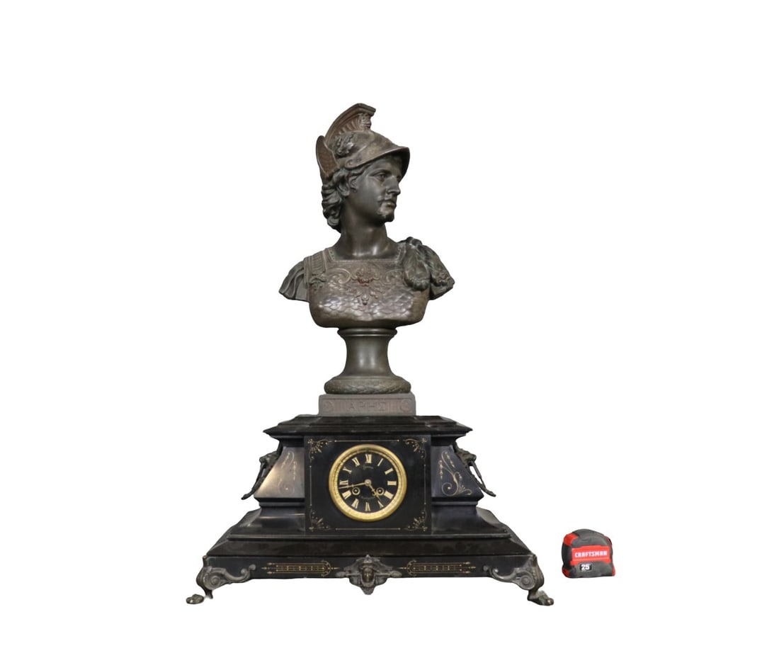 MIXED METALS BUST ROMAN DEITY & MARBLE FIGRUAL MANTLE CLOCK (1 of 18)