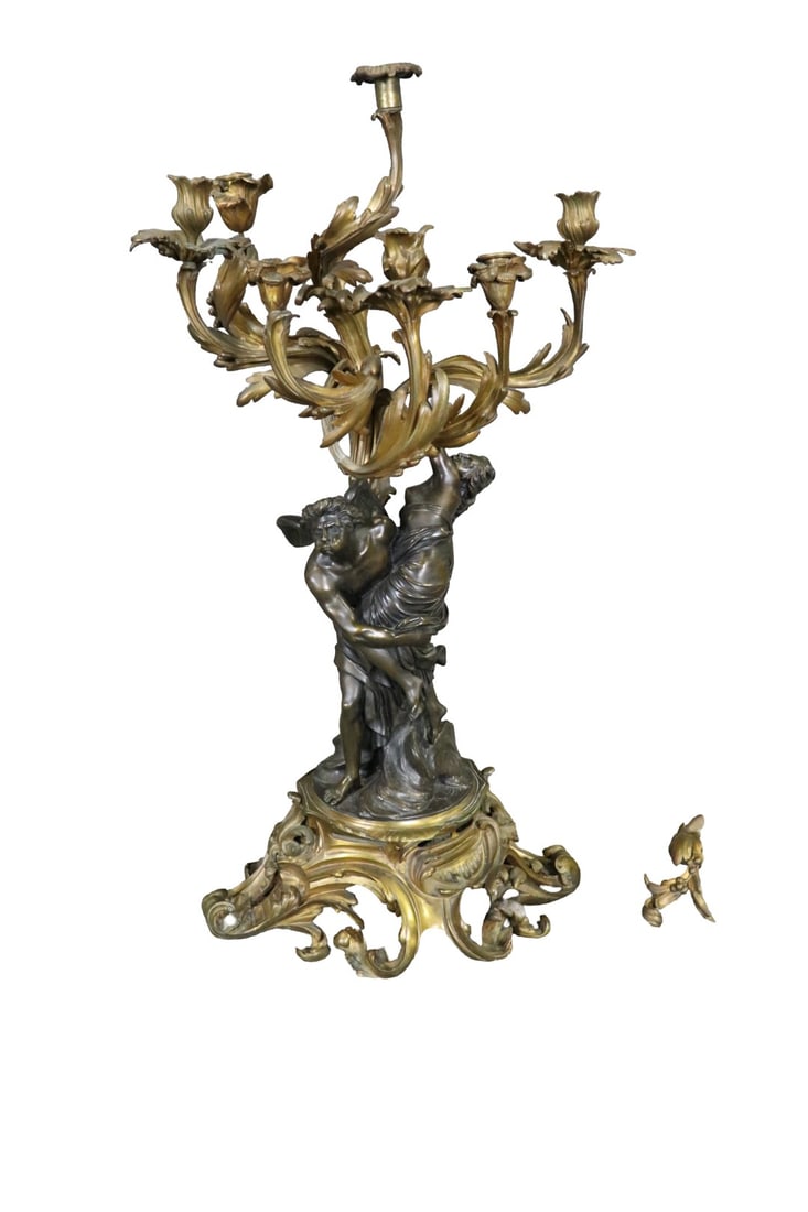 LOUIS XV STYLE FIGURAL CANDELABARA: Patinated bronze. 7 arms. 35 1/2" h x 18" w x 14" d.
