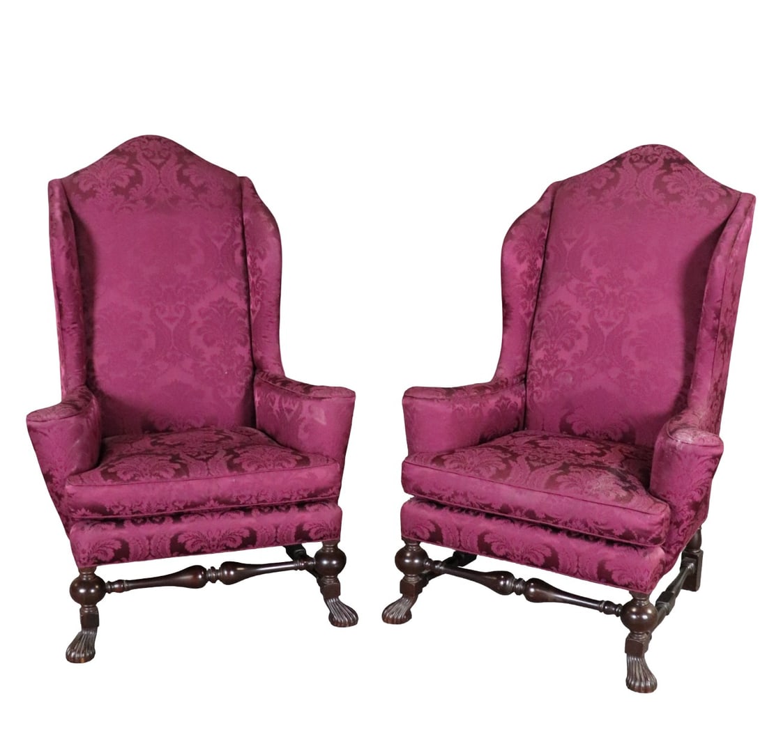 PAIR QUEEN ANNE STYLE WING BACK CHAIRS: Carved wood. Upholstered. 55" h x 38 1/4" w x 39" d. Seat height 20 1/2".