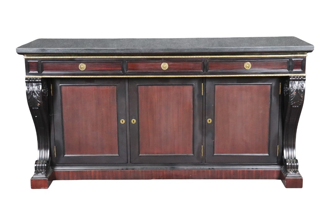 THEODORE ALEXANDER FOR RALPH LAUREN MARBLE TOP CLIVEDON SERVER: Marble top. Brass accents. Mahogany. 3 drawers. 3 doors. 37 3/8" h x 73 1/8" w x 22 7/8" d.