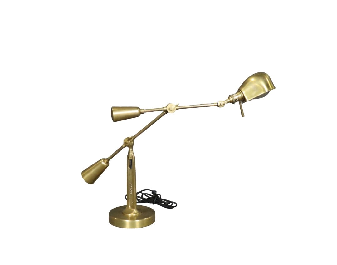RALPH LAUREN "67 BOOM ARM DESK LAMPS: Signed. Brass. Est. 67. Adjustable. 29" h x 8" w (base) x 21" d.