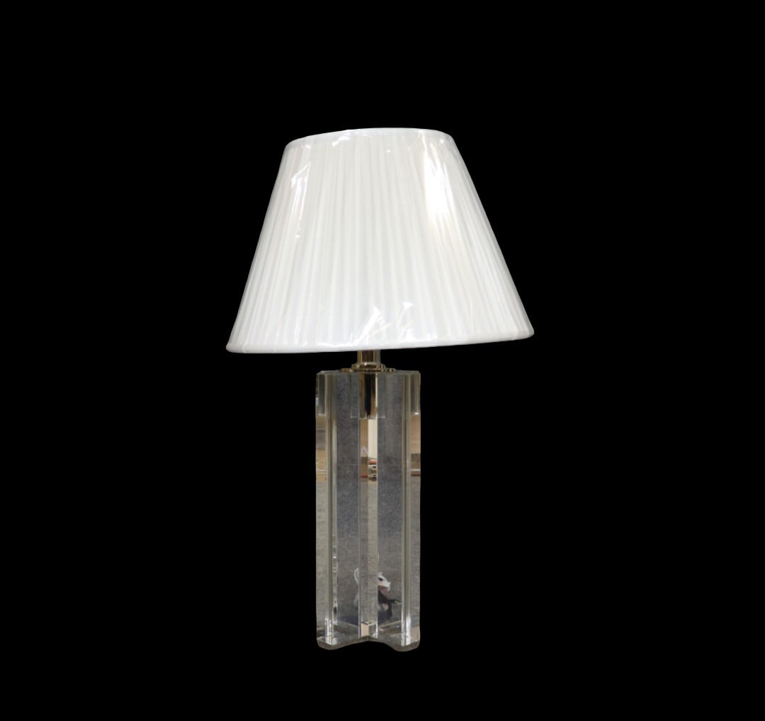 RALPH LAUREN GLASS & BRUSHED NICKEL TABLE LAMP: Glass. Brushed nickel. 34" h x 20" diameter ( shade) x 8 1/2" square (base).