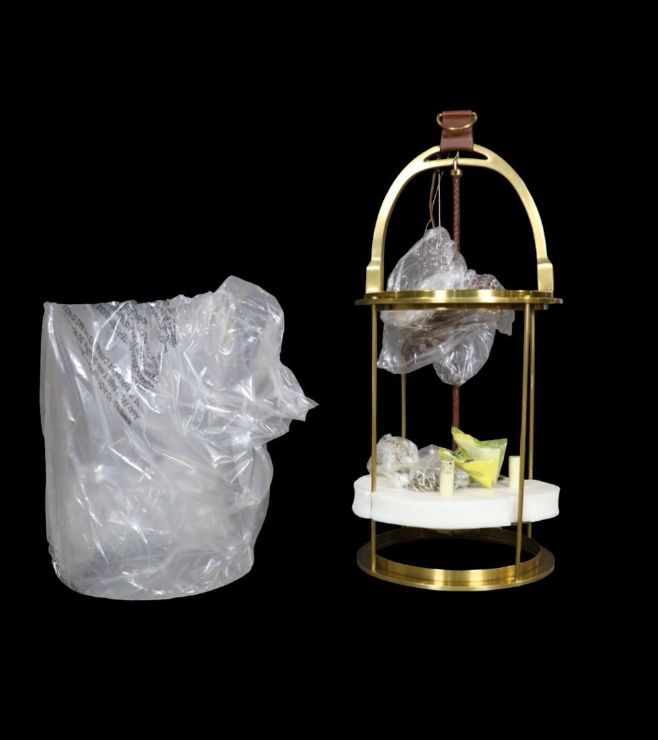 RALPH LAUREN WESTBURY LANTERN: Signed. Brass. Glass shade. 37" h x 15 1/2" diameter.