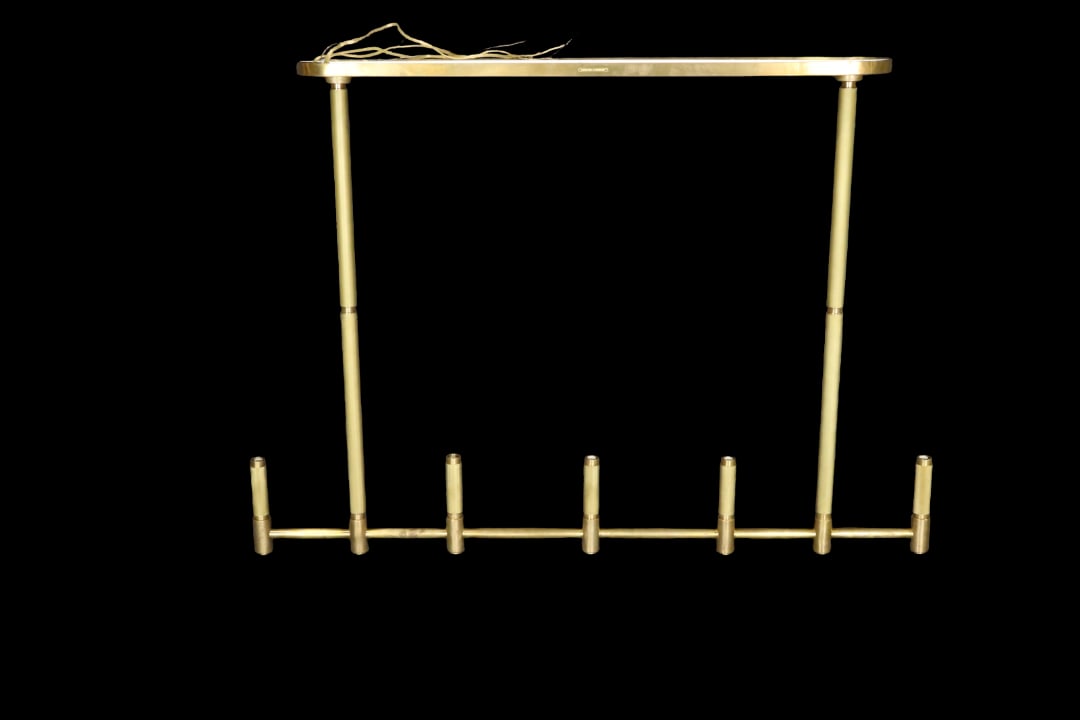 RALPH LAUREN BRASS CHANDELIER: Signed. Brass. 38 1/2" h x 53" w x 6" d.