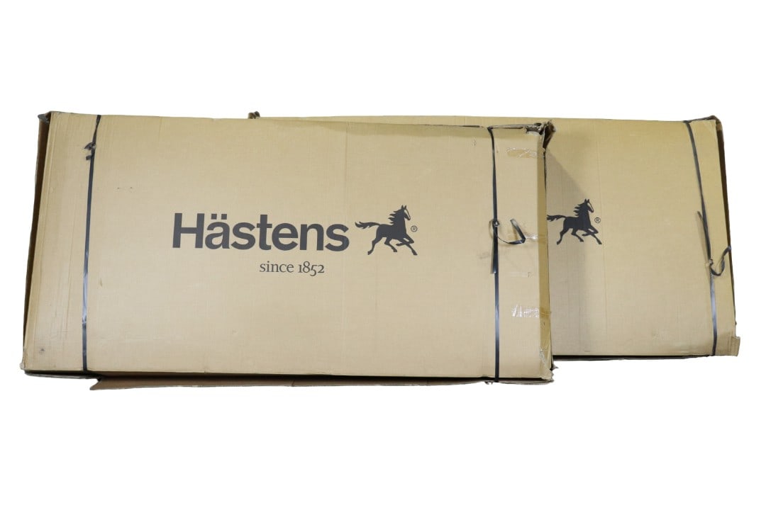 2 BOXED HASTENS BOXSPRINGS: Each box measures 44 1/4" h x 84 1/2" w x 11" d.