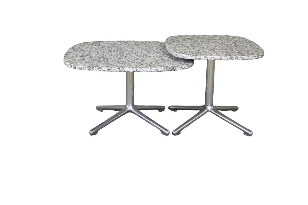 NORMAN COPENHAGEN NESTING COFFEE TABLES: Signed. Metal base. Granite top. One measures 15 3/4" h x 26" w x 26" d. Other one measures 17 1/2" h x 24" w x 19" d.