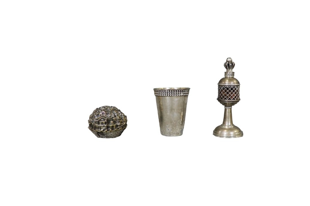 3 PIECE STERLING SILVER JUDAICA ITEMS: Approximate 4.10 troy oz. Scent tower measures 5 1/2" h x 2" diameter. Paperweight measures 2" h x 2 1/2" diameter. Cup measures 3 1/4" h x 2 1/2" diameter.