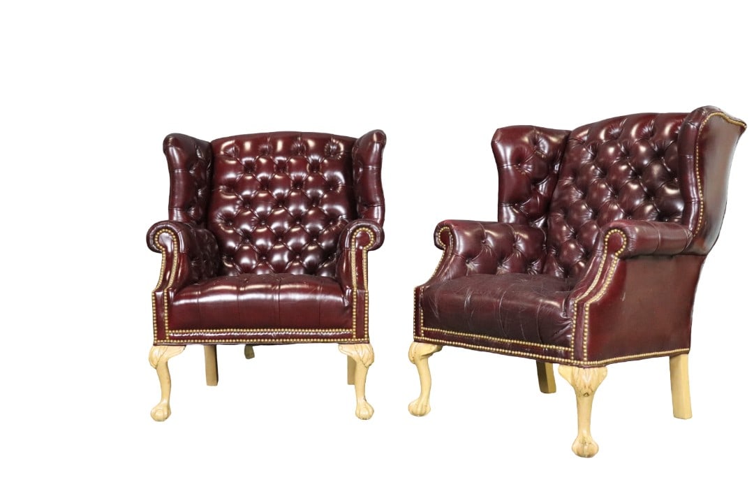 PAIR LEATHERCRAFT CHESTERFIELD WING BACK CHAIRS (1 of 8)