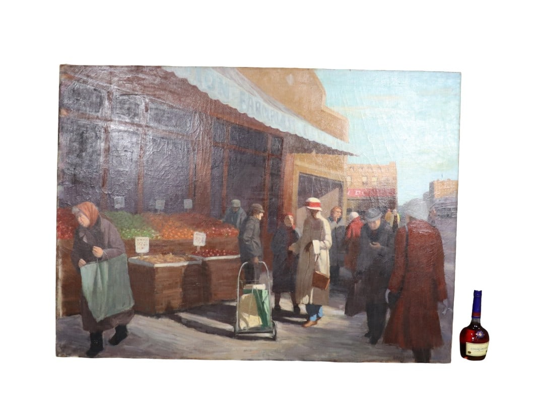 MAX BRICKMAN "EARLY MORNING MARKET" OIL PAINTING: Oil on canvas. Signed Brickman lower right. Unframed. The artist died in 2006. Measures 42" h x 56 7/8" w x 1 1/4" d.