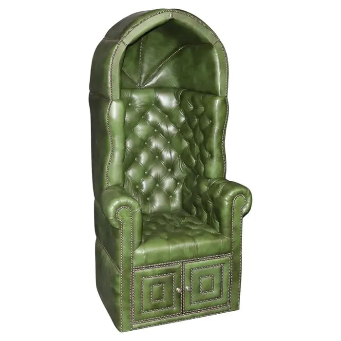 CUSTOM GREEN LEATHER TUFTED PORTER CANOPY CHAIR: Green tufted leather upholstery. Brass nail head trim. Canopy back. Storage doors at the base. 75" h x 37 " w x 33" d. Seat height 22".