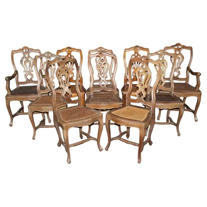 10 LOUIS XV STYLE ITALIAN MADE WALNUT CANE DINING CHAIRS (1 of 17)
