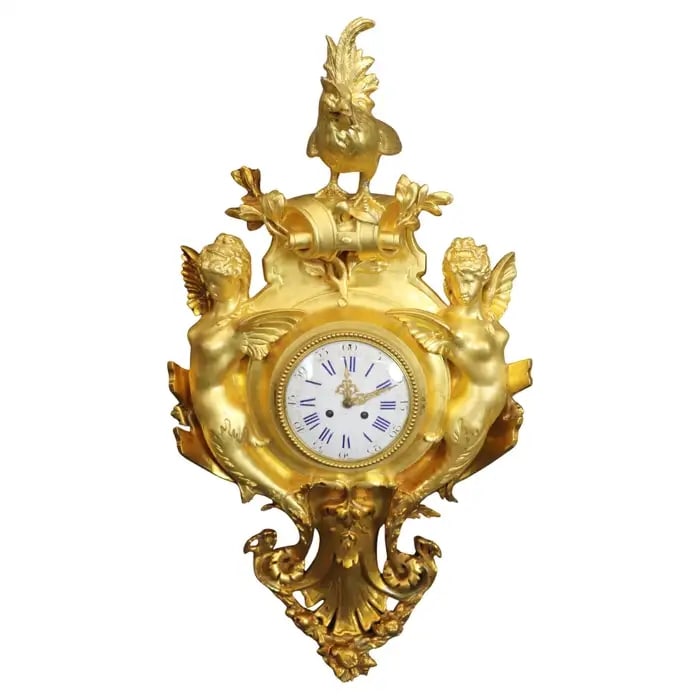 CARVED WOOD & GESSO GILDED WINGED ANGELS & ROOSTER CARTEL CLOCK (1 of 19)