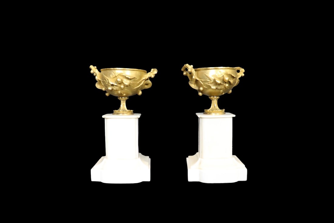 PAIR FRENCH NEOCLASSICAL STYLE GILT BRONZE & MARBLE TAZZAS (1 of 10)