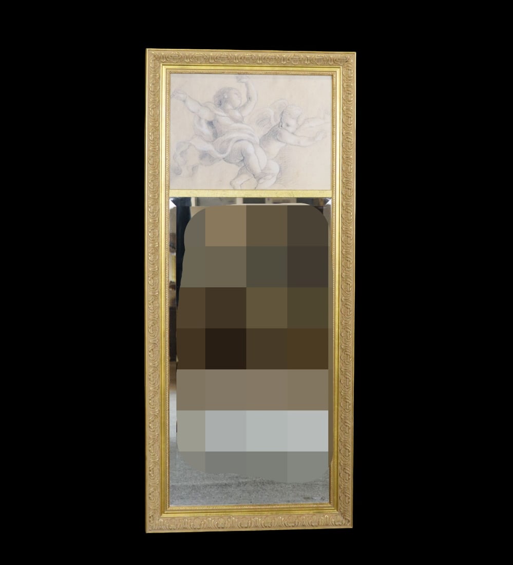 DECORATIVE TRUMEAU MIRROR: Gilt frame. Upper panel depicting cherub scene. 46 1/4" h x 20 1/4" w x 1 1/4" d.