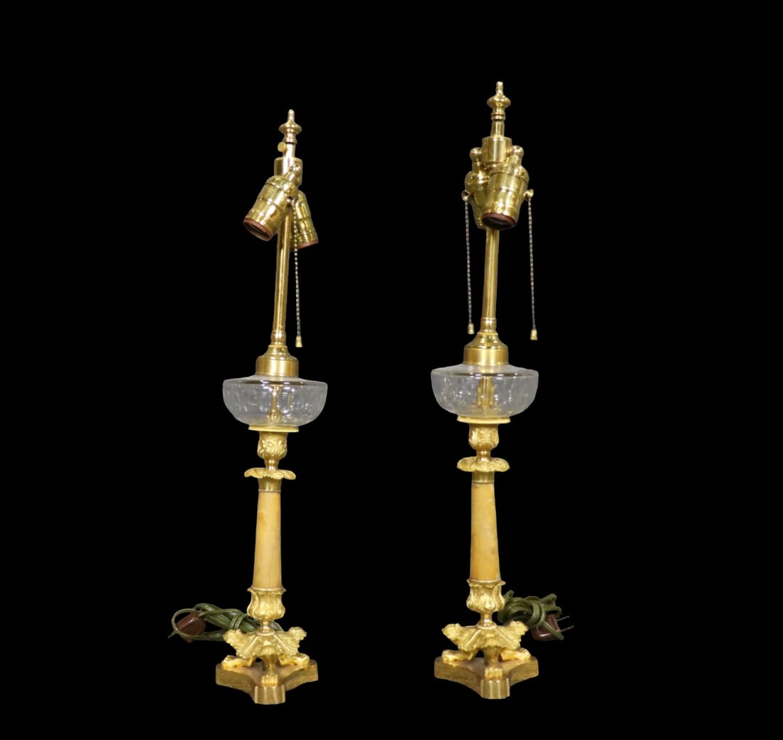 PAIR BRASS & CRYSTAL COLUMN LAMPS: Brass. Crystal. Marble. 22 1/4" h x 5 1/2" w x 5 1/2" d.