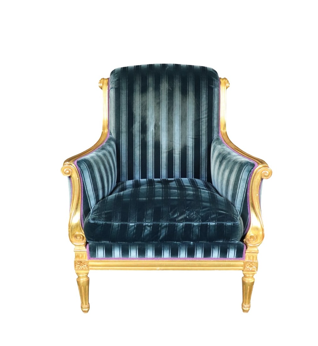 FRENCH STYLE BERGERE: Carved gilt wood frame. Upholstered. 37 3/8" h x 28 3/4" w x 34" d. Seat height 18".