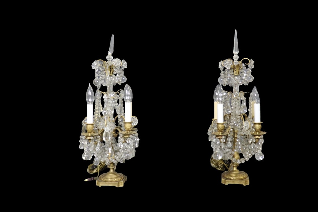 PAIR FRENCH BRONZE & CRYSTAL CANDELABRA LAMPS (1 of 10)