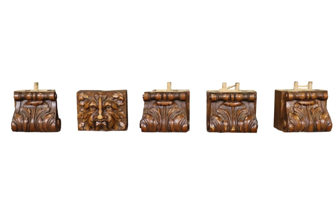 5 CARVED OAK ACHITECURAL PIECES: Carved oak. Figural. Box measures 11 3/4" h x 10 1/2" square.