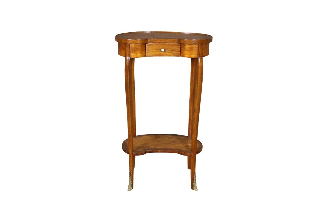 KIDNEY SHAPED TABLE: French inlay. 28 3/4" h x 17 "w x 10" d.