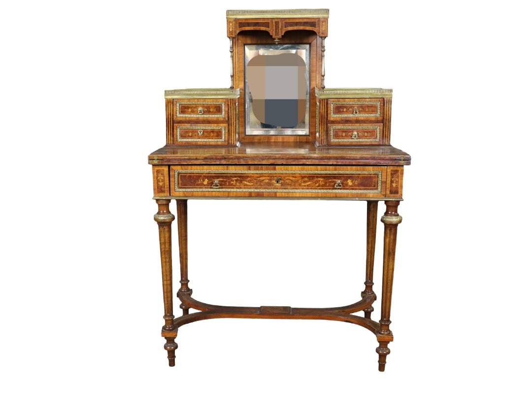 LOUIS XVI STYLE DRESSING DESK: Bronze mounts. inlaid. Leather top. Dovetail drawers .50" h x 32 1/4" w x 19" d.