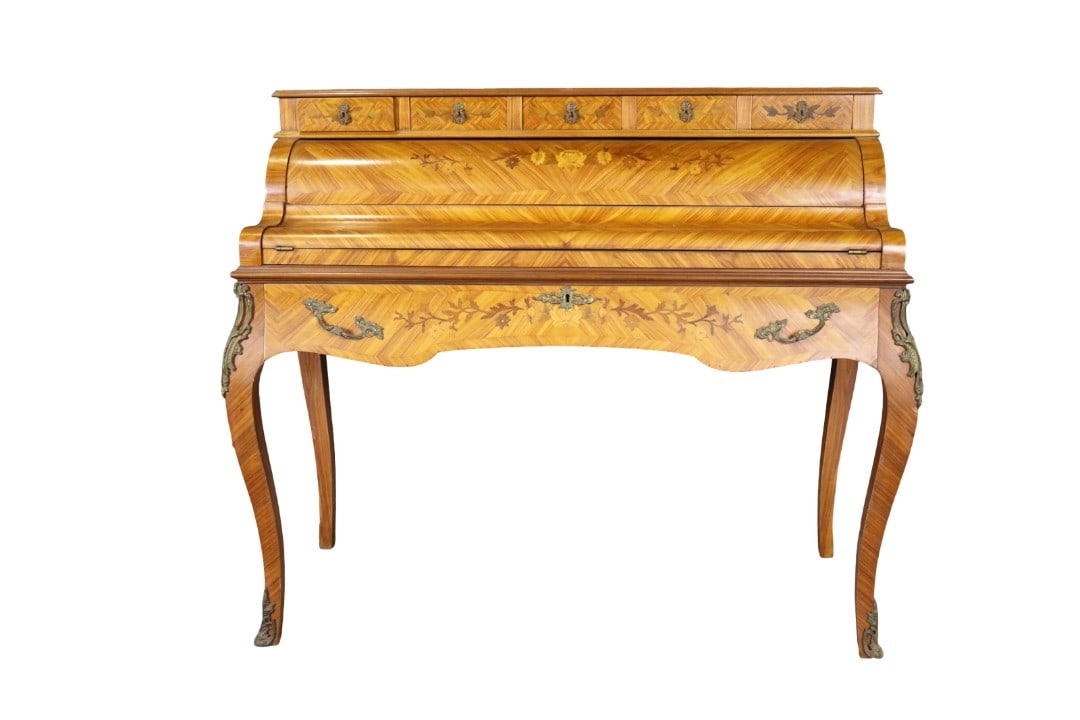 LOUIS XV STYLE ROLL TOP DESK: Dutch marquetry. Drop top. Leather fitted interior. One dovetail drawer. 43 1/4" h x 51 1/2" w x 23 1/2" d.