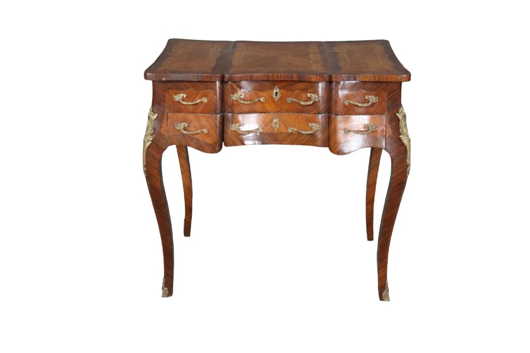 LOUIS XV STYLE BRONZE MOUNTED DRESSING TABLE: Bronze mount. Inlaid. 29 3/4" h x 29 3/4" w x 19" d.