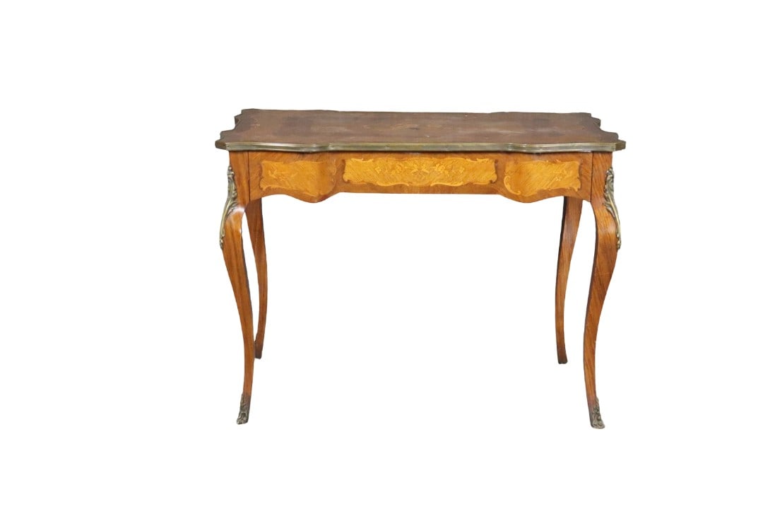 PAUL SORMANI CENTER TABLE: Signed Paul Sormani. Bronze mounted. Inlaid. 29 1/2" h x 39 1/2" w x 24" d.